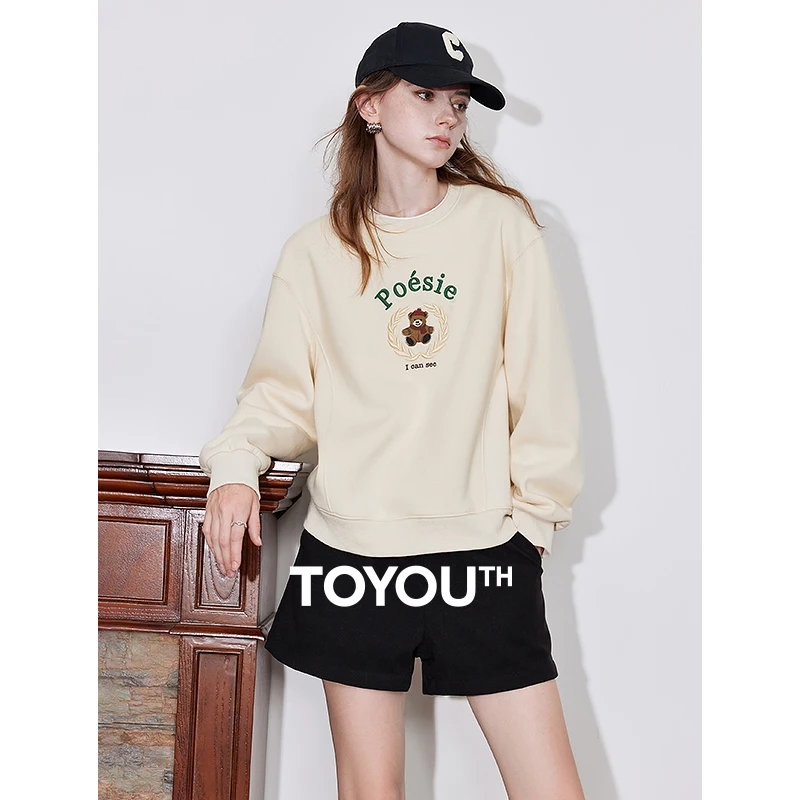Toyoutth feminino velo hoodies moletom 2024 outono inverno novo falso duas peças urso bordado algodão pulôver topos