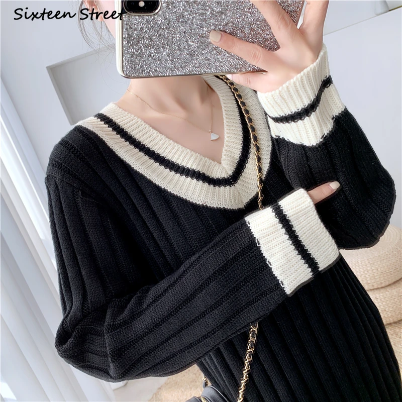 Black Oversized Long Knitting Dress Women 2022 Winter V-neck Chic Elegant Sweater Dresses Ladies Autumn Streetwear Knitwear