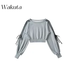 WAKUTA Korean Autumn Style Diagonal Shoulder Pullover Hoodie Niche Long Sleeved Patchwork Bow Tie Loose Waist Tanks コダック ポケモン