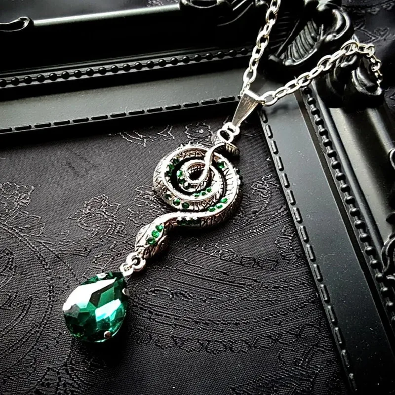 Silver Tone Emerald Snake Drop Necklace Pendant Serpent Witch Pagan Alternative Statement Punk Crappy Jewelry Women Fashion Gift