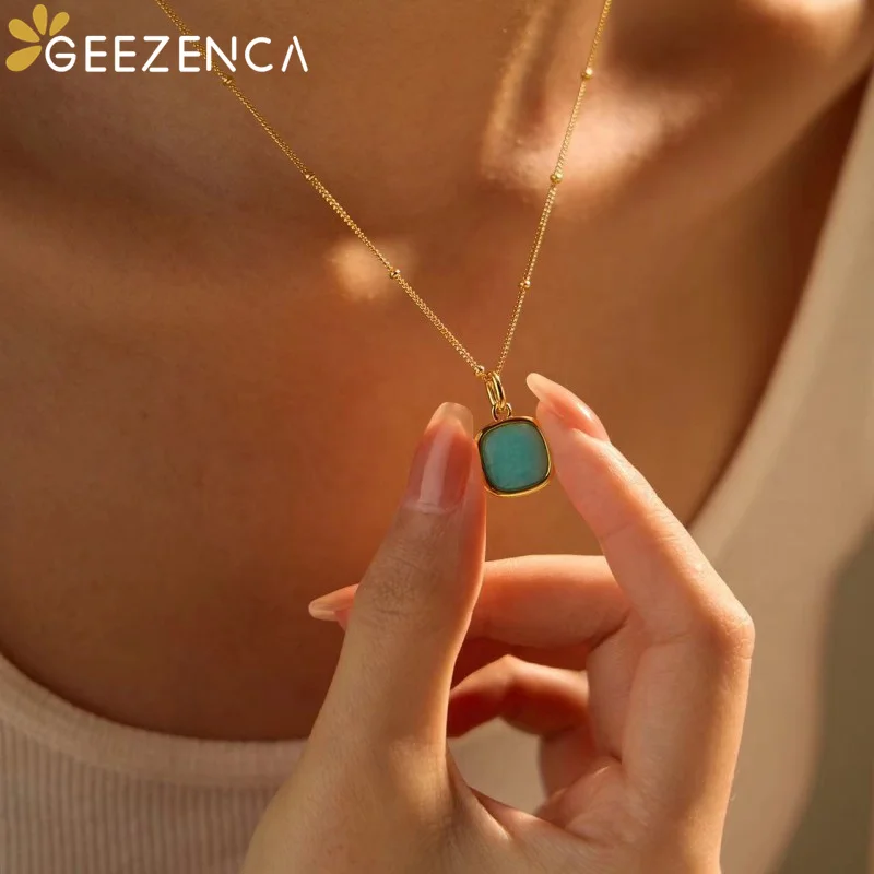 GEEZENCA Natural Amazonite 925 Silver Pendant Necklace For Women Luxury 18k Gold Blue Stone Minimalism Chic Necklaces 2024 New