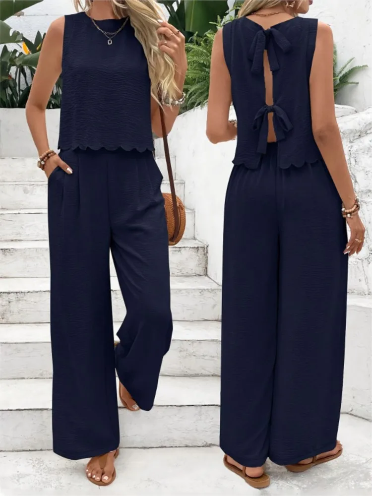 Summer Women's Casual Two-piece Set Solid Color Sleeveless Vest Hollow Out Lace Up Top Wide Leg Pants Suits Fashion Commute