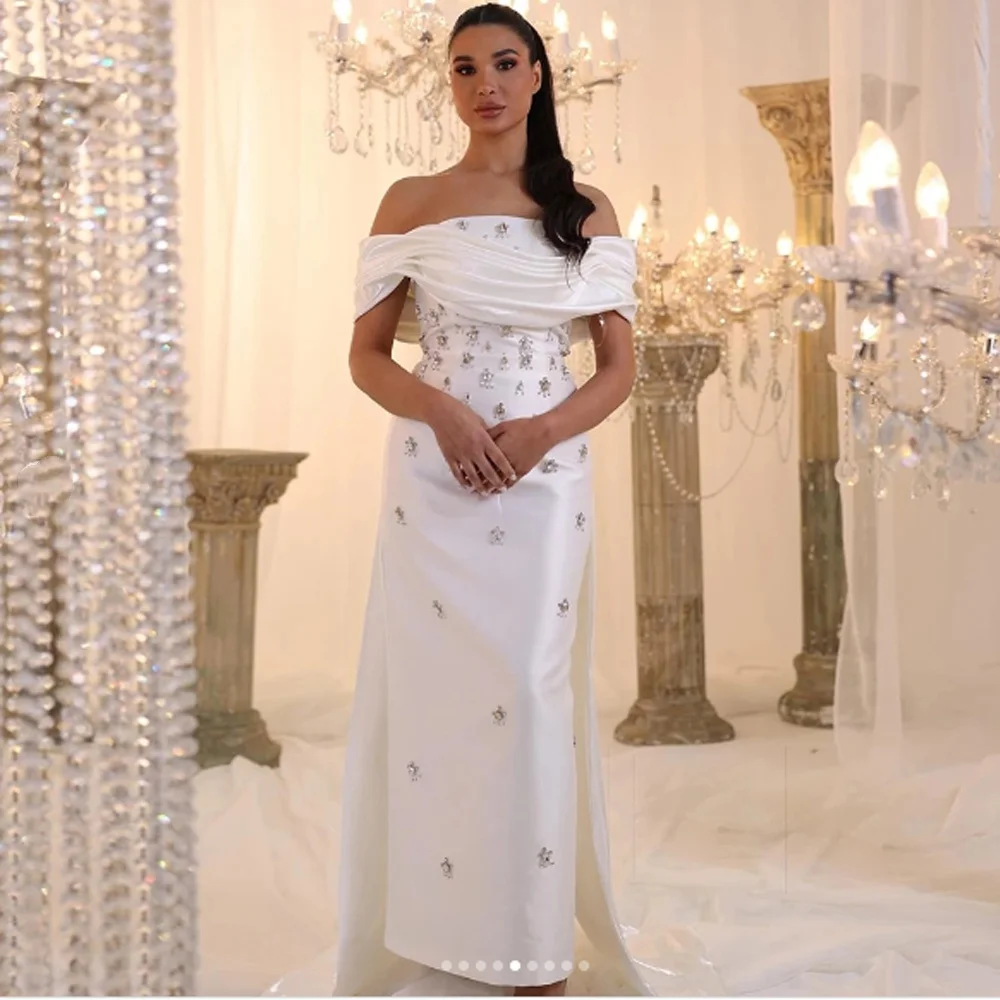 

Customized Exquisite Pleated Evening Dresses for Women Off the Shoulder Crystals Sheath Dubai Prom Vestidos De Fiesta Party
