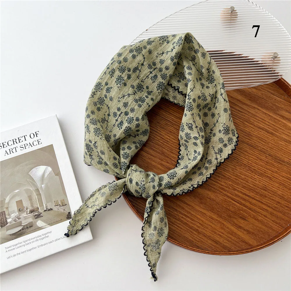 Scarf Women Cotton Linen Neck Head Scarves Headscarf Small Shawl Small Flower Thin Neckerchief Triangle Scarf Hair Scarf INS