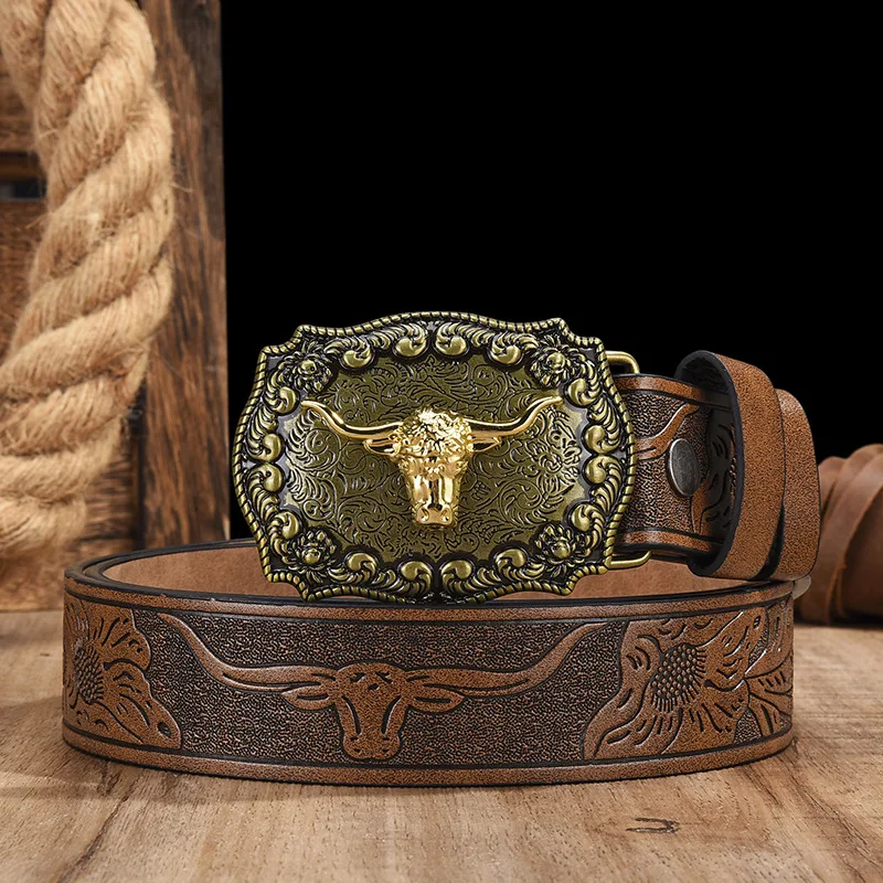 Herren- und Damenbekleidung – PU-Ledergürtel im Western-Cowboy-Stil – Vintage-Gürtel mit bedruckter Schnalle für Jeans – Detail 6