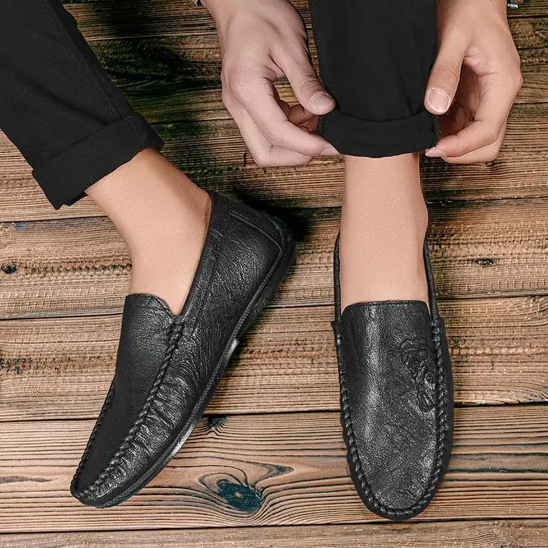 Oren-zapatos de cuero genuino para hombre, mocasines de conducción salvaje, fondo suave