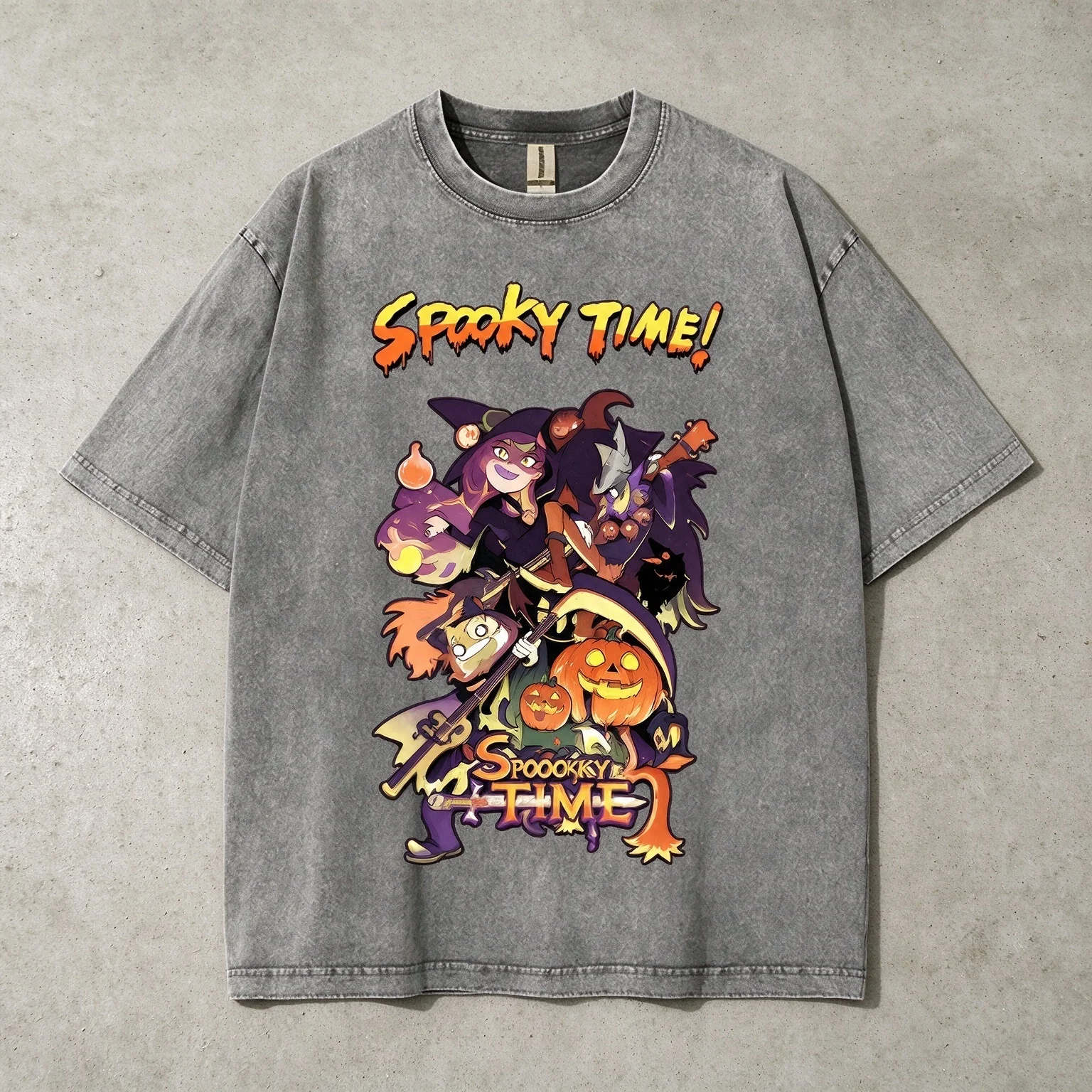 Spooky Time Halloween Cartoon Graphic T Shirt Unisex Pumpkin Witch Anime Print Short  Vintage Washed Casual Tees Great Gift