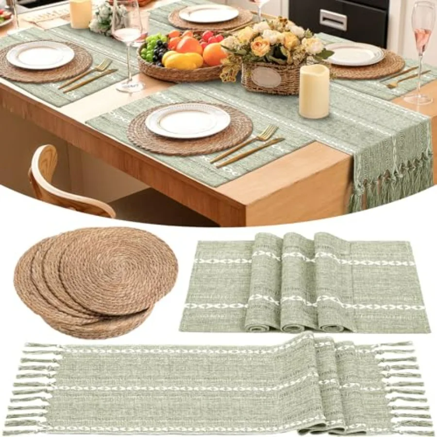 

4 Sets Round Woven Boho Placemats Long Sage Green Table Runner Cotton Linen Placemats Farmhouse Macrame Embroidered Striped Tab