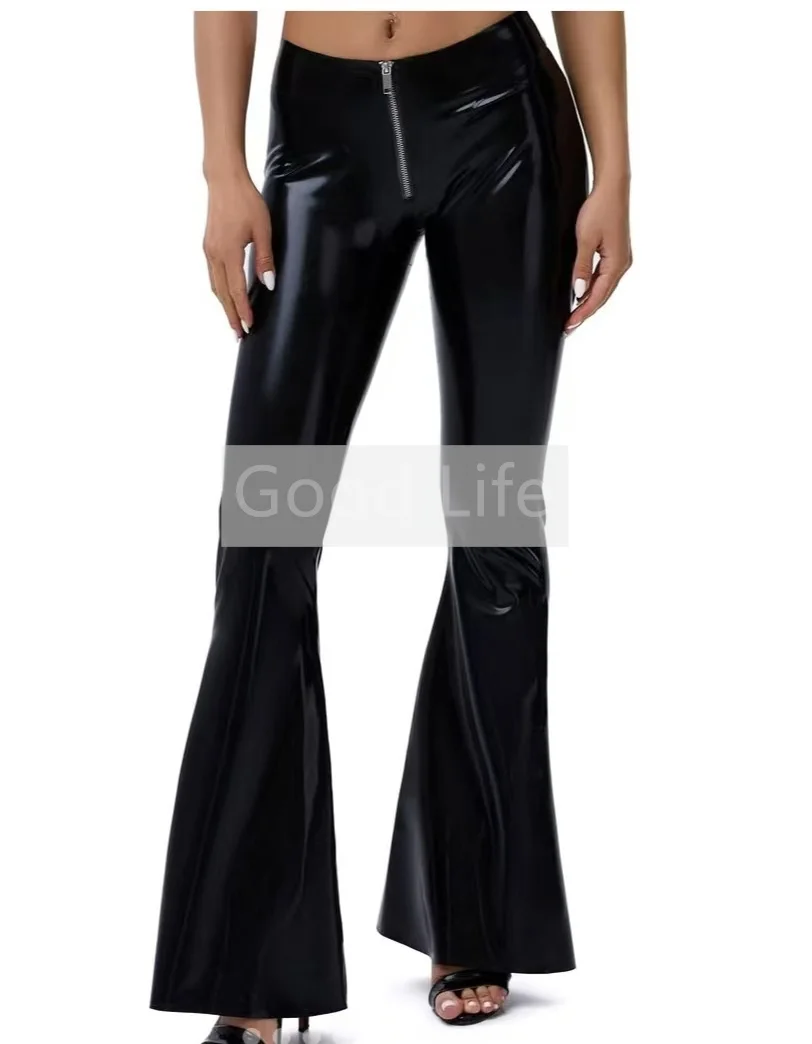 

Черные женские сексуальные латексные брюки с низкой талией и передней молнией, латексные женские расклешенные брюки, женские леггинсы для Хэллоуина и косплея