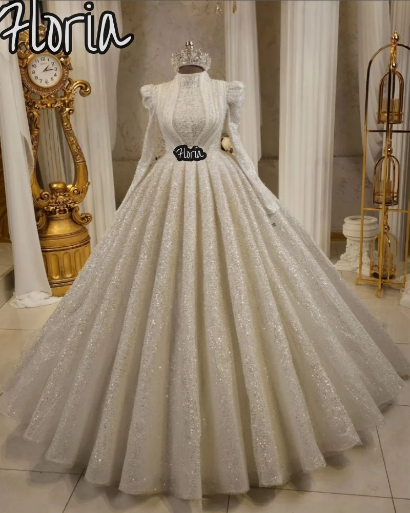 2024年ラグジュアリービーズロングスリーブウェディングドレスブライダルガウンロングチャペルトレインエレガントハイネック花嫁ドレスウェディングドレス