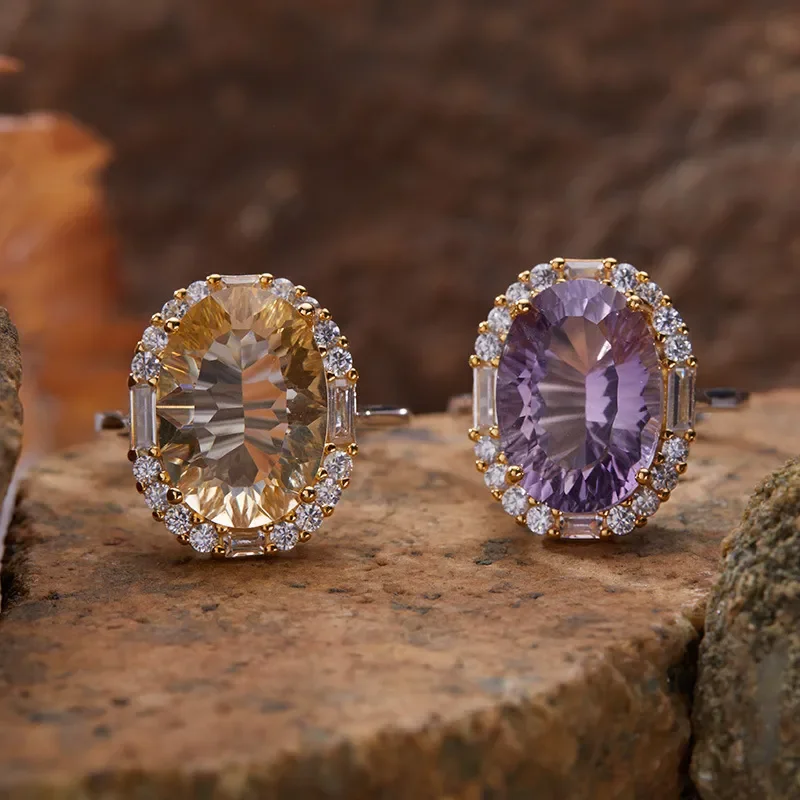 Color Treasure Italian Craft S925 Sterling Silver Natural Amethyst Citrine Ring Women's Luxury Fashion Ring