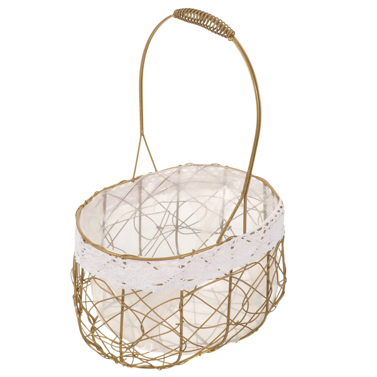 

Iron Art Storage Basket Handheld Nordic Lace Lining Tabletop Fruit Bread Picnic Basket Large Space Metal Wire Holder