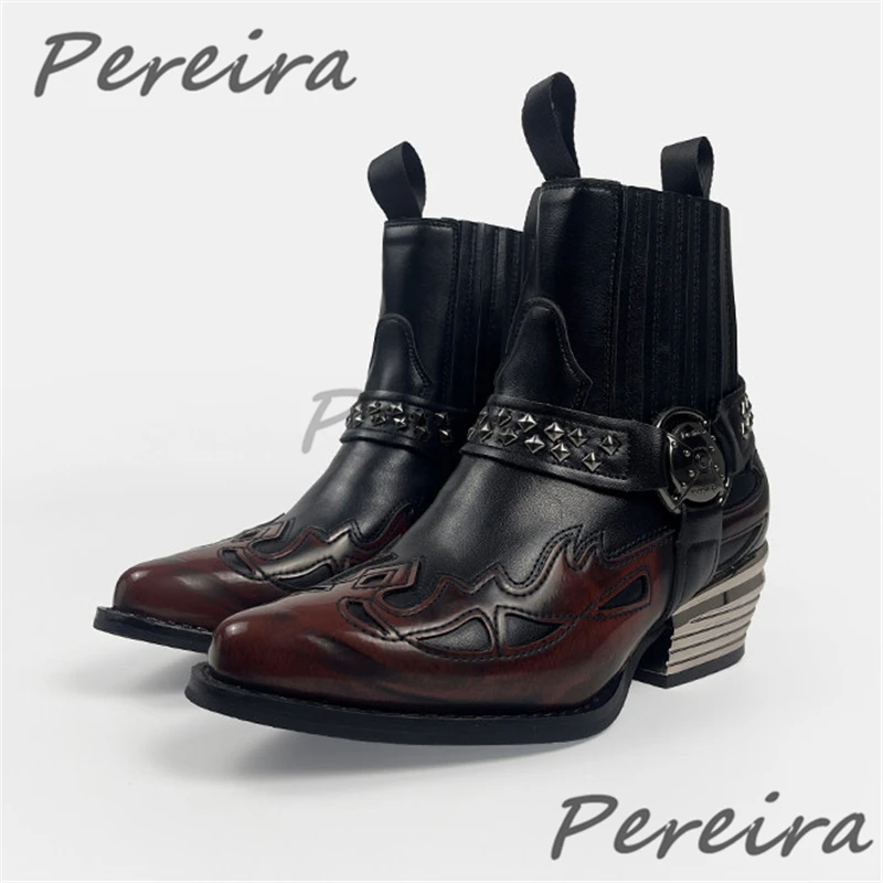 

Punk Rivet Strap Metal Heel Chelsea Boots for Men Retro Mixed Colors Genuine Leather Zipper Short Boots Trendy Party Dress Shoes