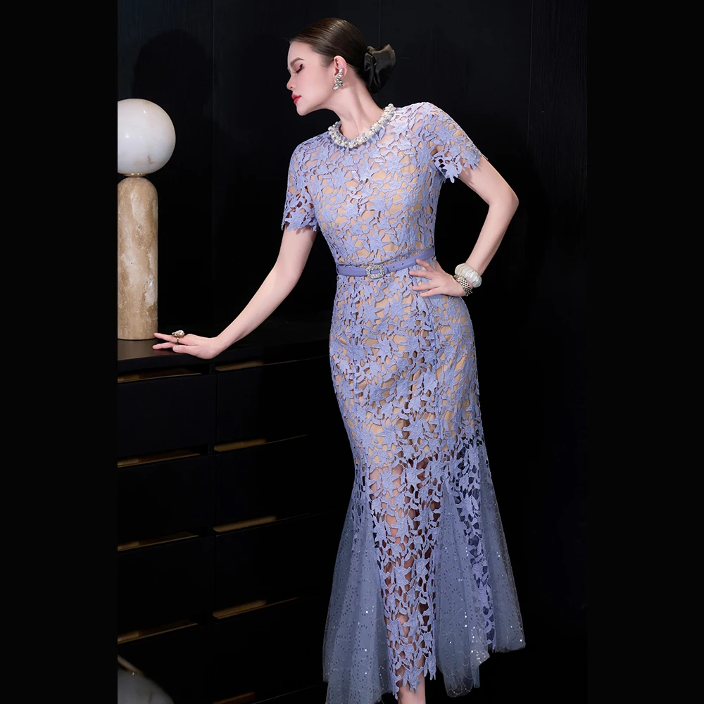 Meyyithun Women's Dress  Lace Short Sleeve O-neck Diamond Embedded Waist-cinched Bodycon Tailored Mermaid Dress