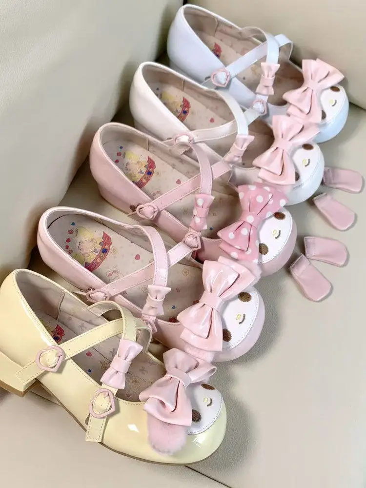 

Японские милые туфли-лолита с ушками кролика и бантом, на низком каблуке, для женщин, в стиле «мягкая девушка», с круглым носком, модель «Мэри Джейн»