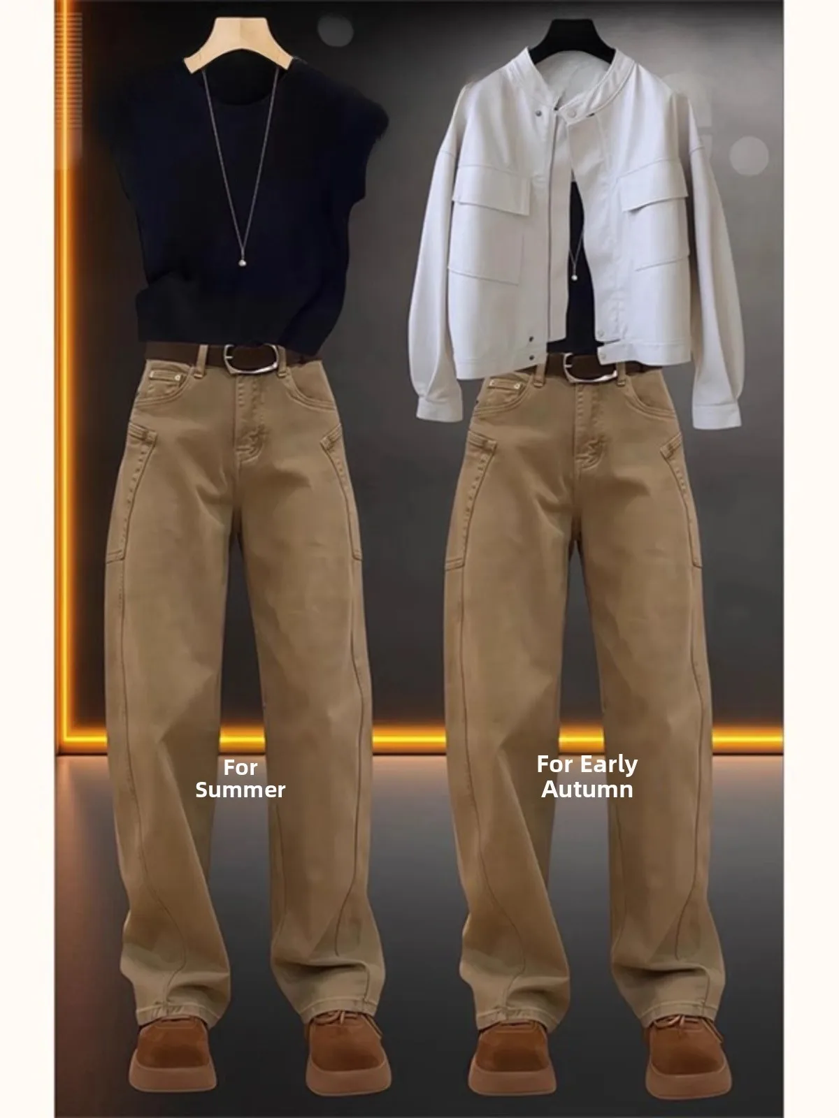 

Джинсы цвета хаки с широкими штанинами, женские свободные брюки, длинные брюки с высокой талией, осенний сезон, груша, апей, большие размеры для похудения