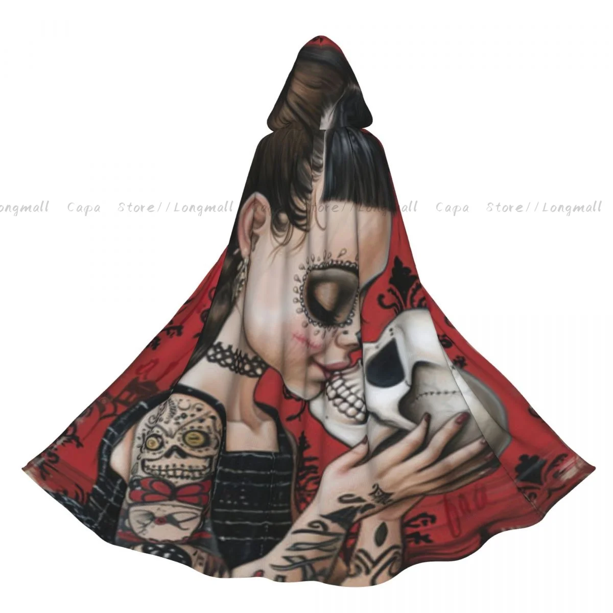 Adult Halloween Girl With Sugar Skull Grunge Theme Cloak Cape Hooded Medieval Costume Full Length Dress Coat