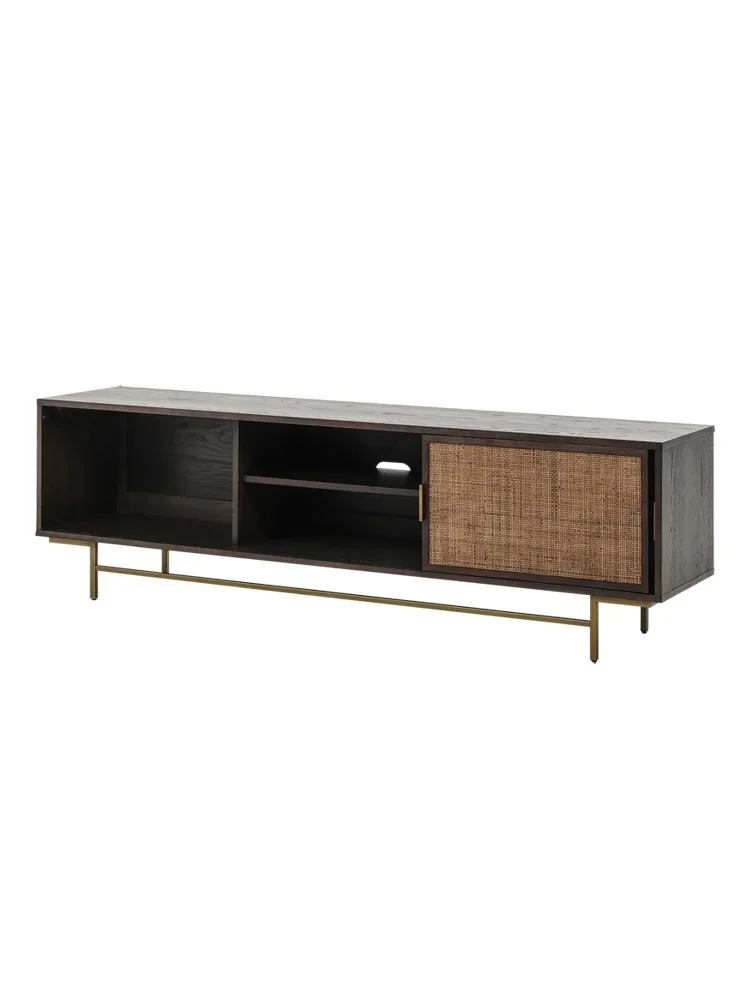 Nordic rattan TV cabinet small apartment living room medieval retro storage cabinet ground rattan audio-visual