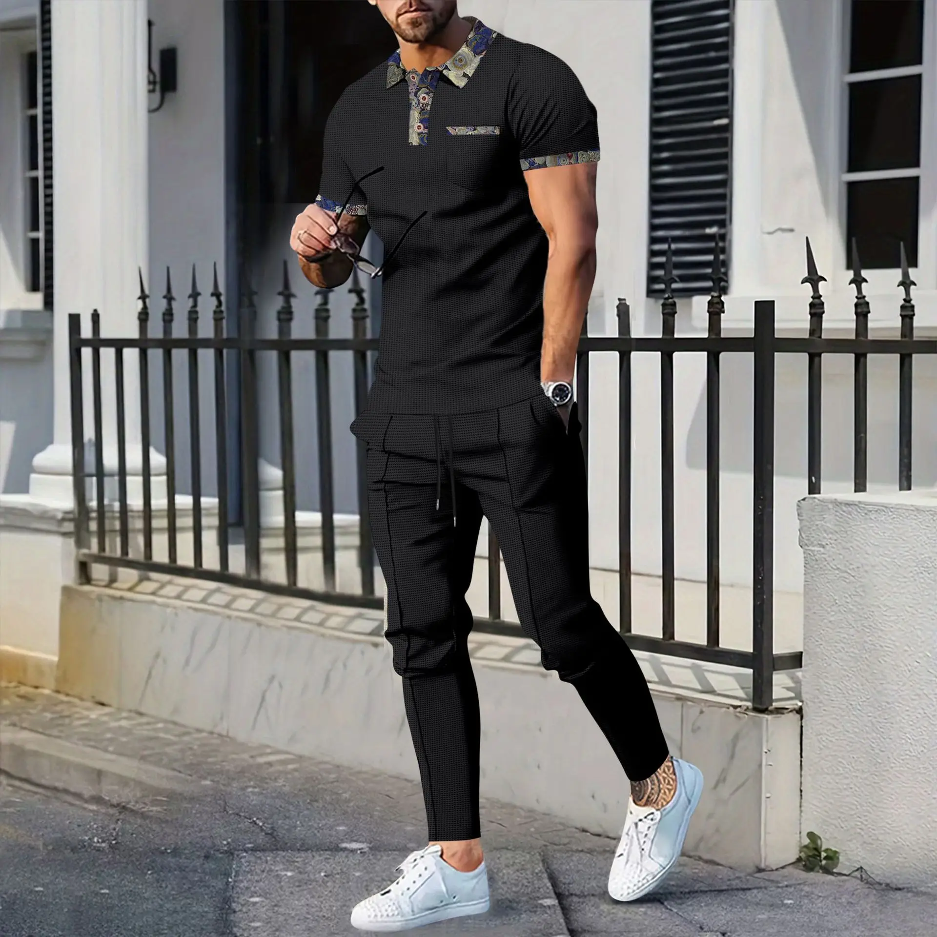 Men's New Youth Waffle Lapel Color Matching Pocket Short Sleeve Trousers Casual Suit