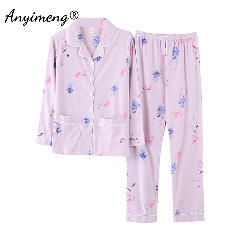 Cotton Pajamas for Women Autumn Winter Long Sleeves Pajama for Girl Floral Print Cadigan Sleepwear Fashion Loungewear Pyjamas