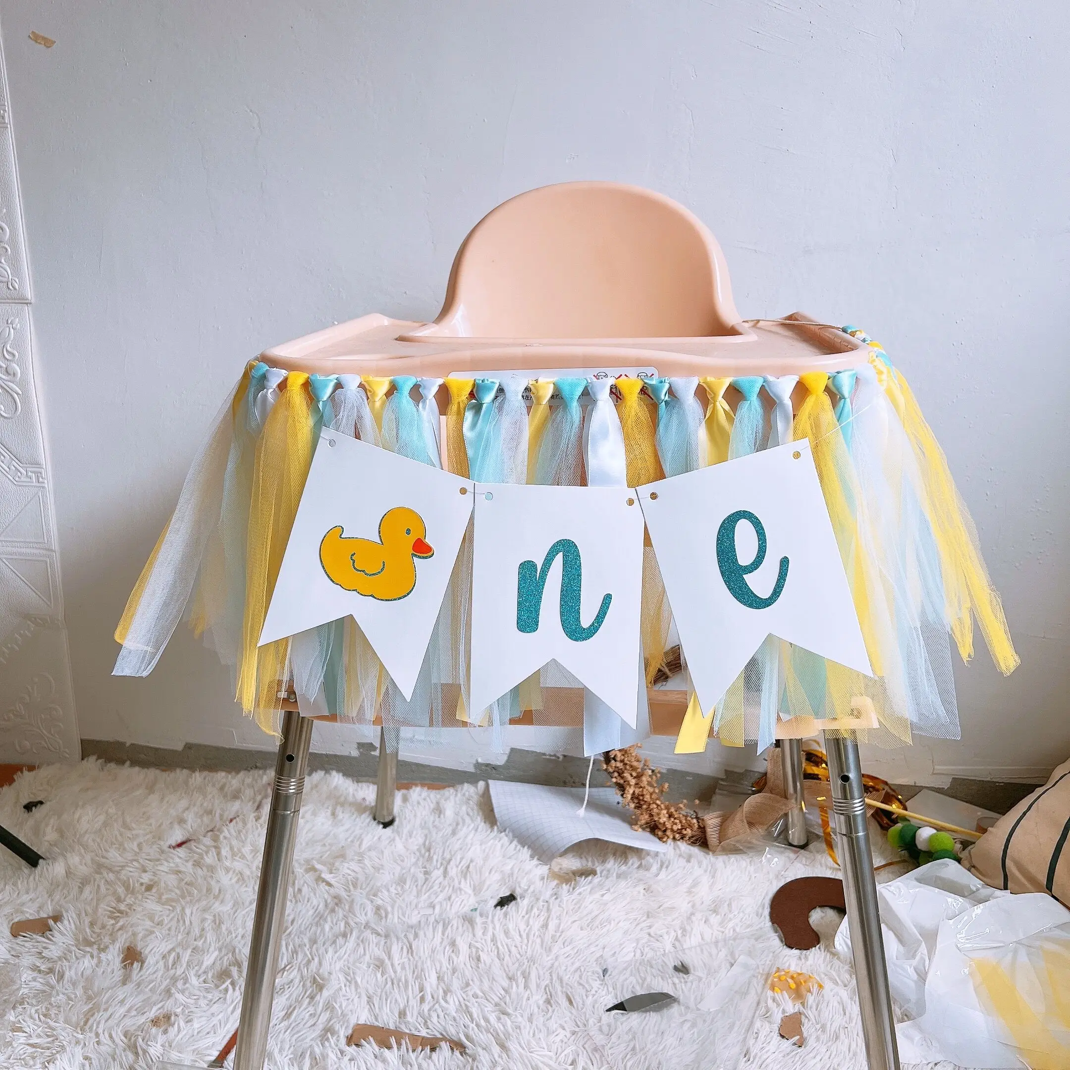 Baby Girl Banner for 1st Birthday - Highchair Banner Baby Shower Little Duck Birthday Decoration Photo Prop Tulle Garland Banner