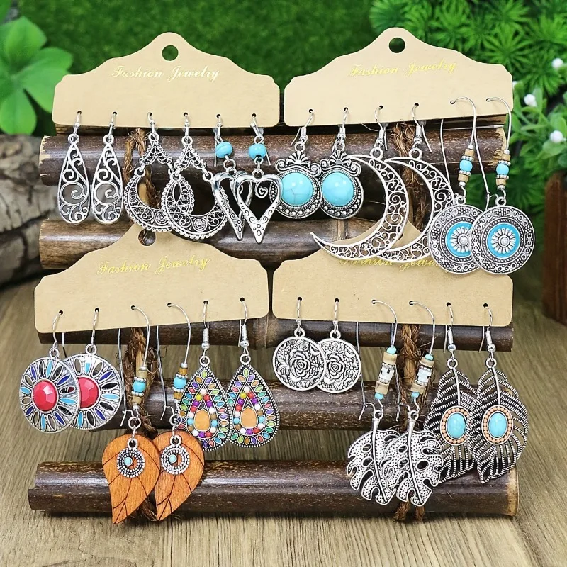 Retro Ethnic Metal Earrings Women\'s 3 Pairs Set Water Droplet Shaped Silver Color Carved Indian Earrings Bohemian Ears Jewelry