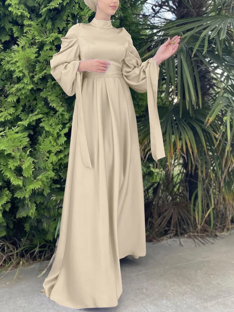 Satin Abaya Dress Muslim Women Solid Color Wrap Front Long Sleeve with Belt Long Maxi Dress Summer Dubai Turk Modest Wear