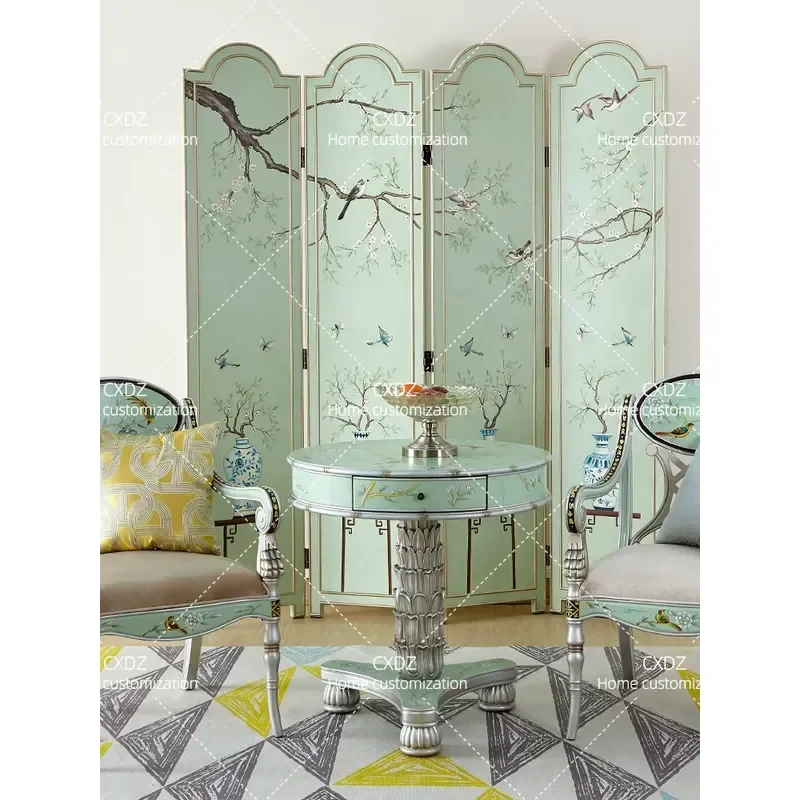 Foldable Solid Wood Screen Partition for Entryway and Living Room Hand Painted Lacquer Double Sided Mobile Divider Pastoral