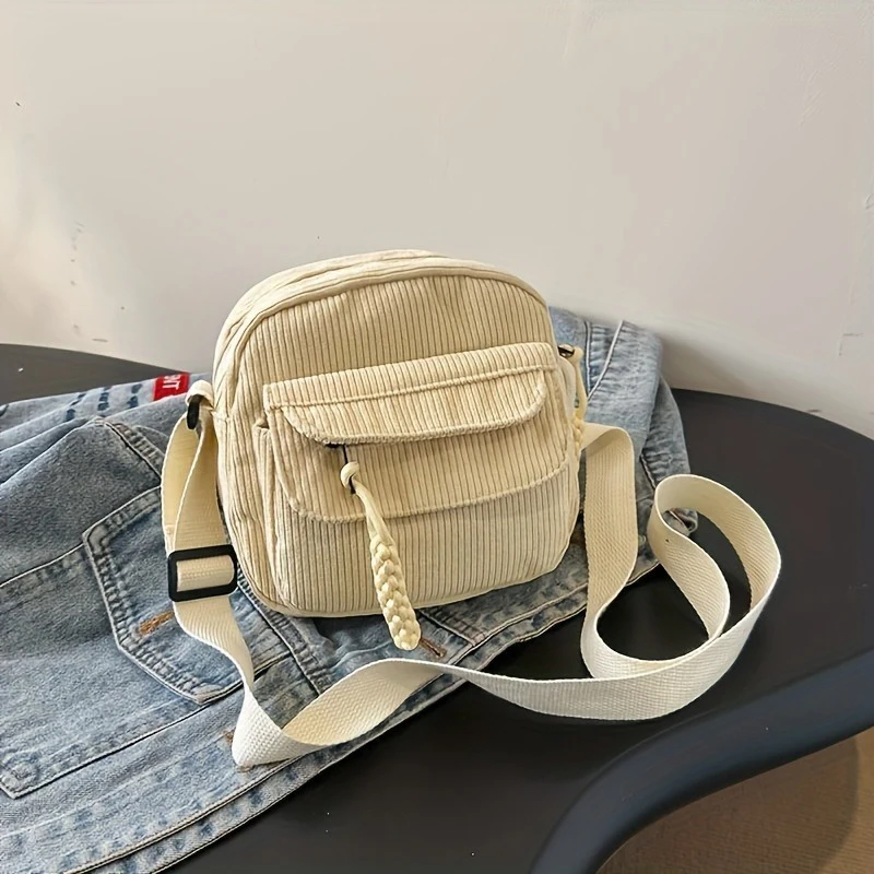 Women's Beige Corduroy Crossbody Bag with Adjustable Strap Zipper Closure Harajuku Style Multi-Pocket Design Polyester Lining