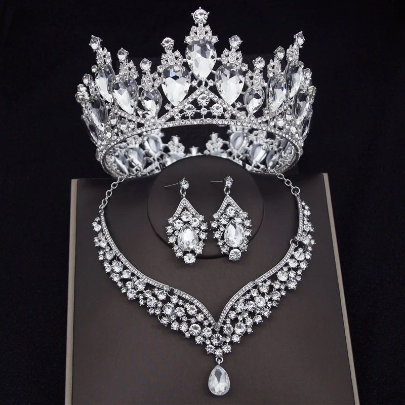 2022 Luxury Crystal Bridal Jewelry Sets For Women Fashion Tiara Crown Earring Necklace Wedding Jewelry Bride Dubai Set Pageant