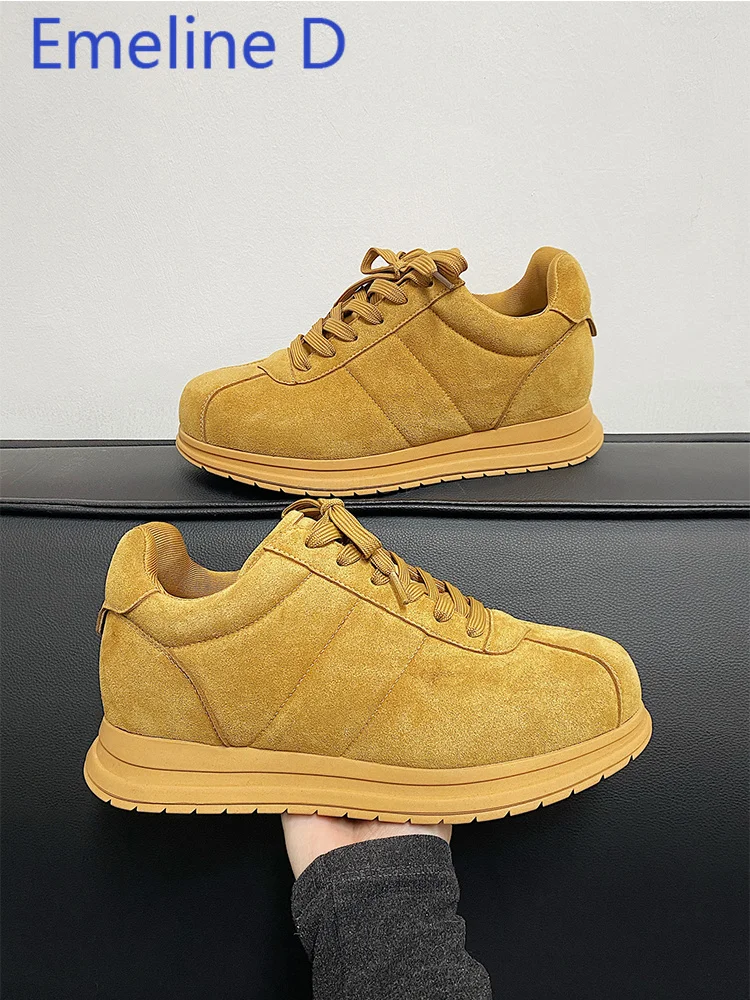 Yellow Thick Soled Lace Up Bread Shoes Fashionable Round Toe Height Increasing Niche Lightweight Versatile Sports Leisure Shoes view 3