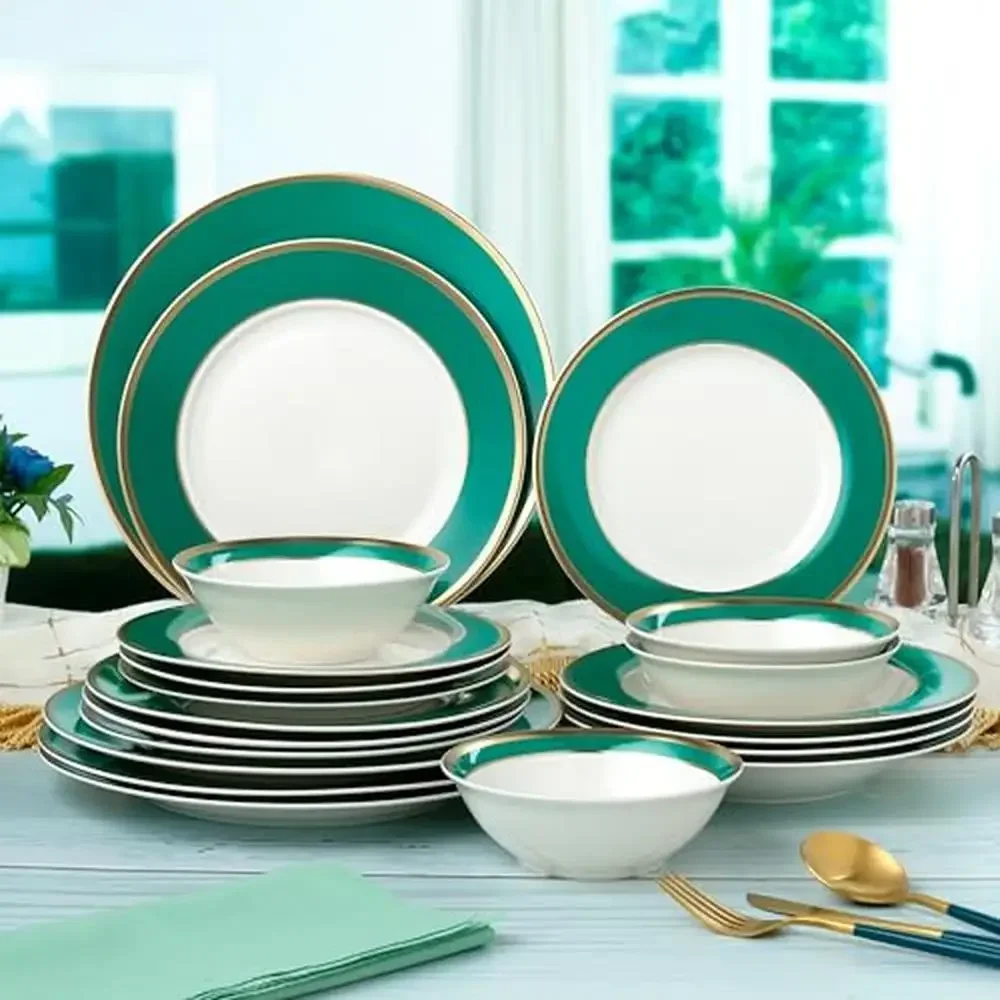 20-Piece Bone China Dinnerware Set 4 Green Gold Elegant Chic High Quality Complete Table Setting