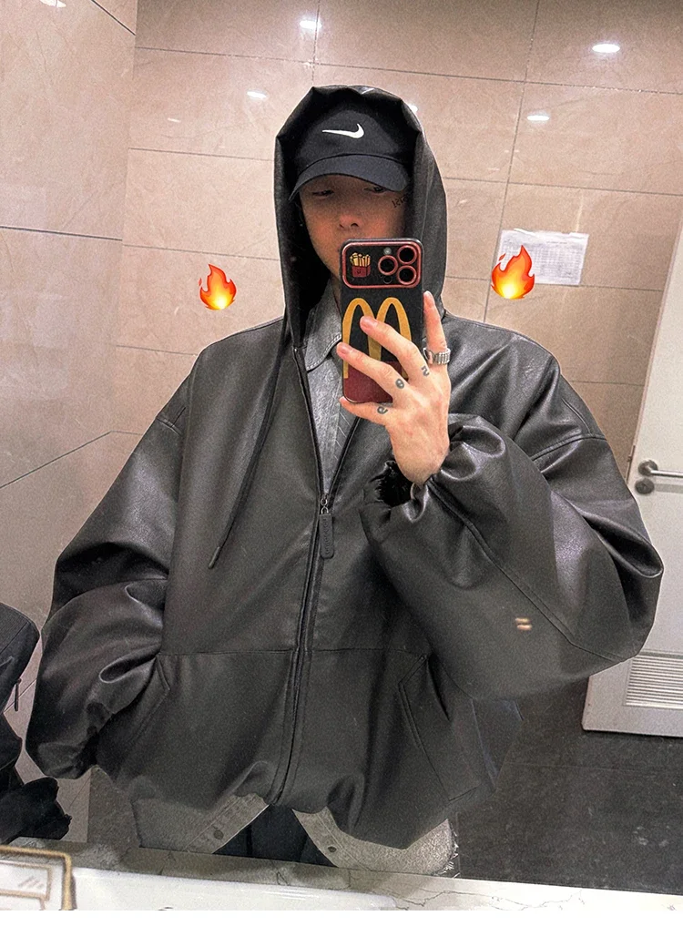 Frühling Herbst Kurze Übergroße Schwarze Weiche PU-Lederjacke für Männer mit Kapuze Reißverschluss Locker Lässig Koreanische Modekleidung – Detail 29