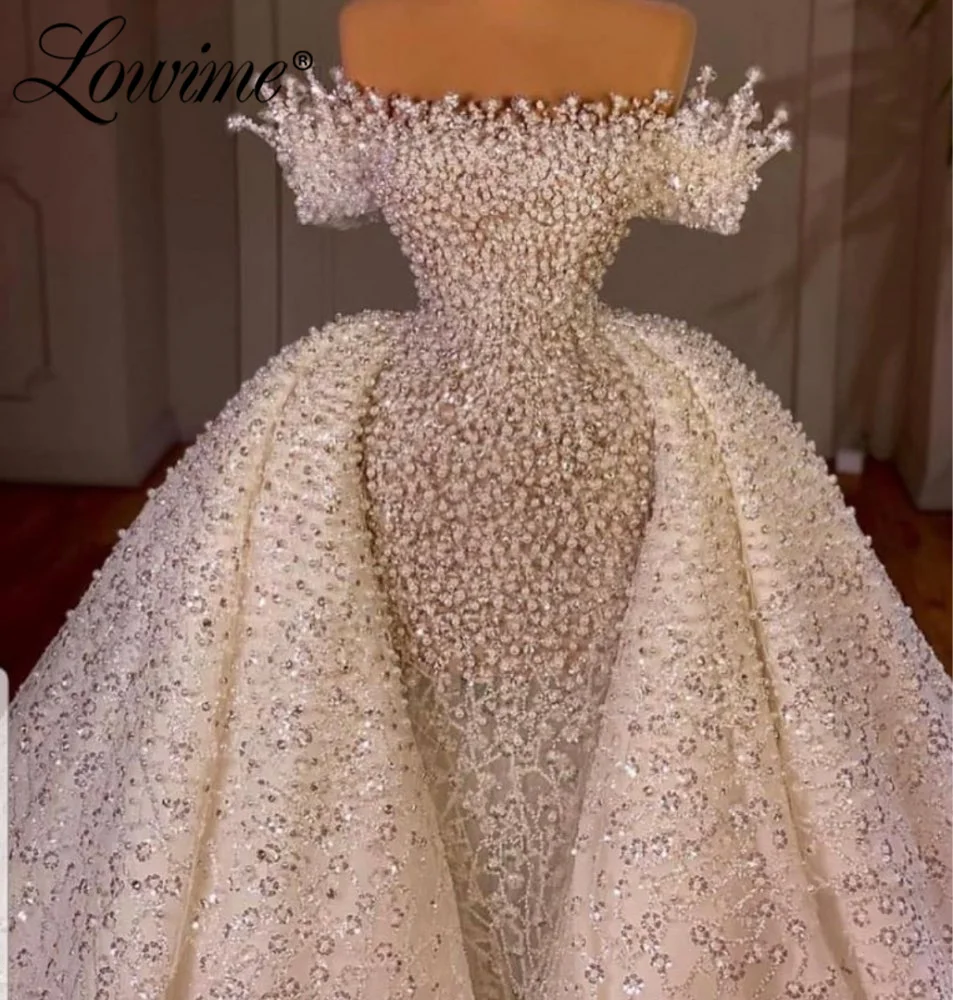 

Lowime Heavy Pearls Beading Long Luxury Evening Dresses 2022 Newest Couture Mermaid With Removeable Skirt Party Dress Plus Size