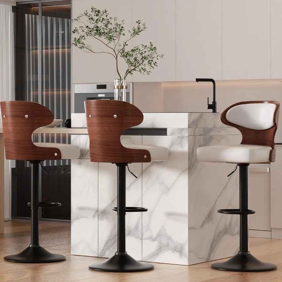 

Bar Stools Set of 3 Seat Adjustable Height 24.5-33.5IN - Bentwood Swivel Barstools with Back and Footrest - PU Leather Upholste