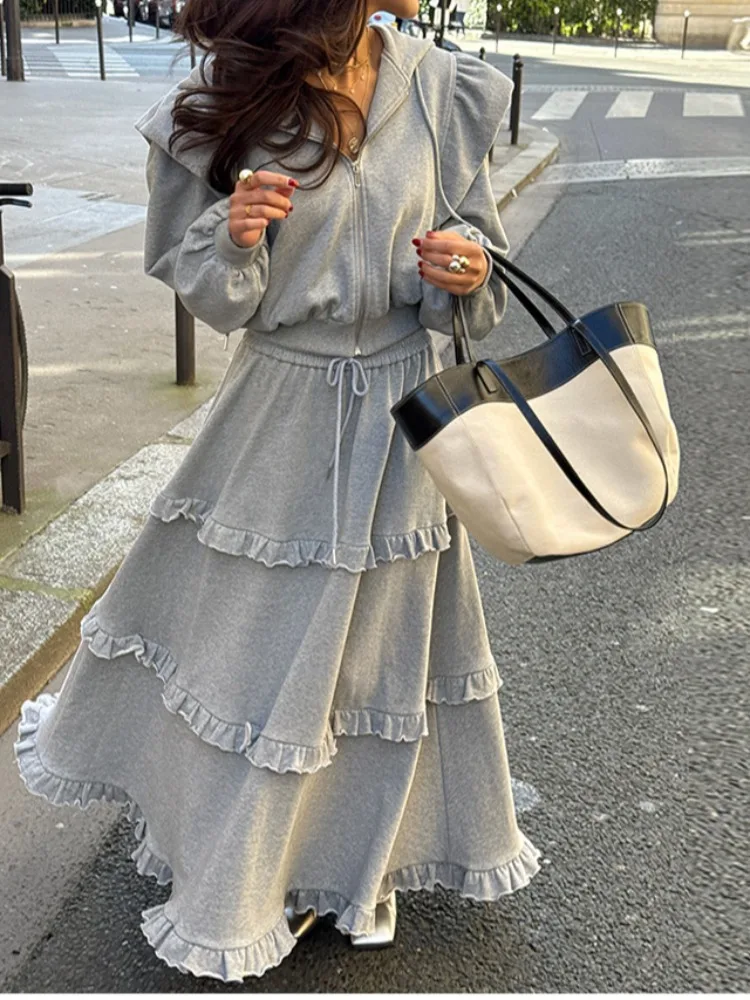 Elegant Autumn Zipper Hoodie Jacket Women's Skirt Set with Wood Grain Ruffle Half-length Spring Summer Casual Streetwear