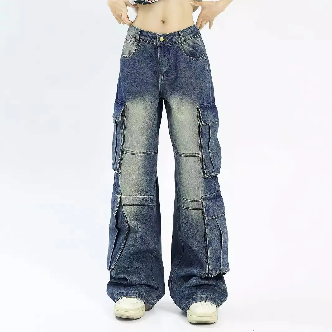 American High Street Washed and Worn Multi Pocket Denim Work Pants for Women