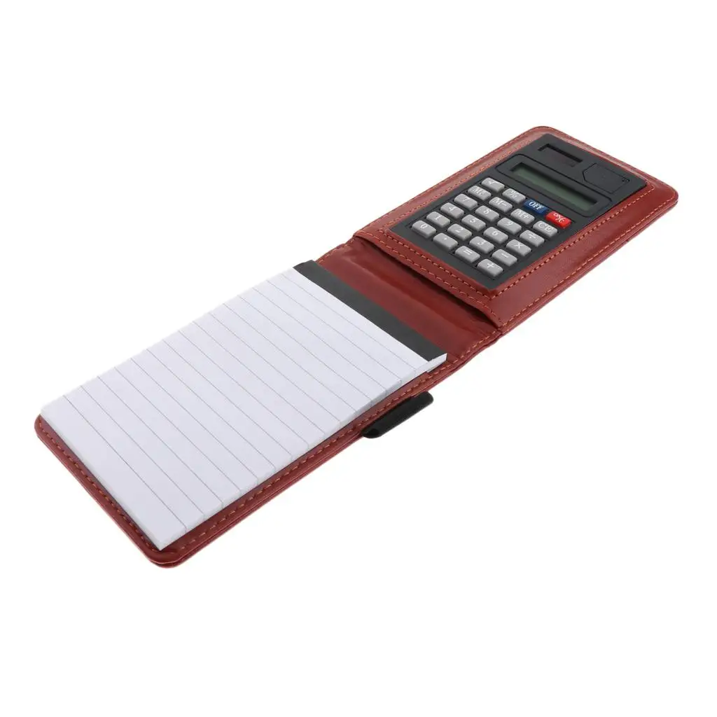 

Sturdy thin PU leather notepad with slim outer pocket and calculator