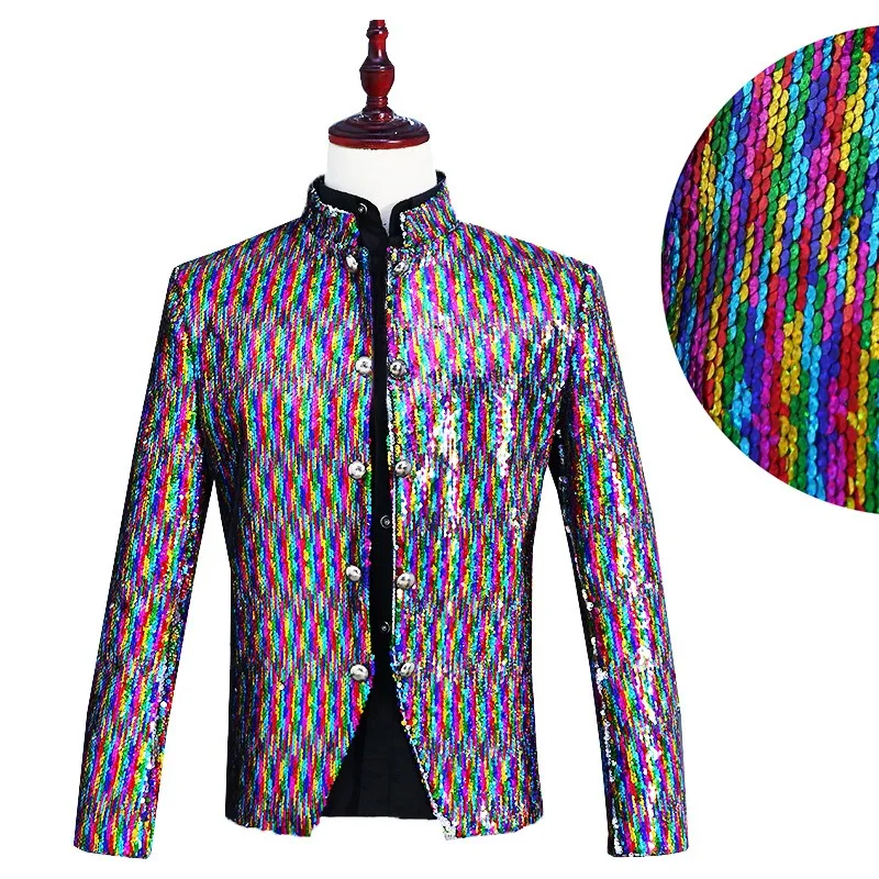Men's Short Stage Performance Suit Rainbow Glitter Sequins Zhongshan Suit Host/Singer/Stage/Bar/Pop Style