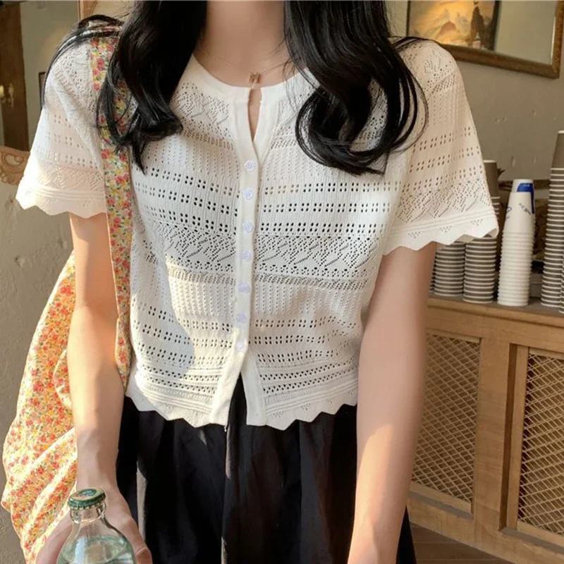 Chic Hollow Out Knitted T-Shirt Women 2026 Summer Button Up Short Sleeve Crop Tee Woman All Match Round Neck T Shirt Female