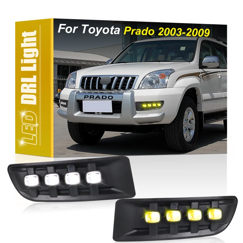 

2Pcs Front Fog Lamp White LED DRL Daytime Running Light Dynamic Turn Signal Indicator For Toyota Prado 2003-2009