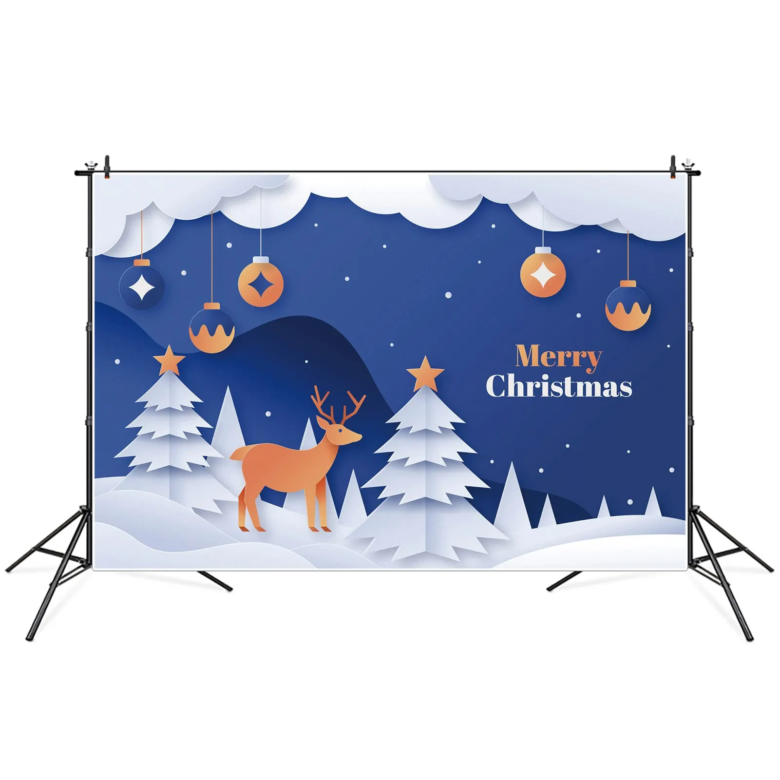 MOON.QG Backdrop Merry Christmas Boy White Mountain Tree Reindeer Party Banner Background Blue Snowflake Sky Ball Photo Booth