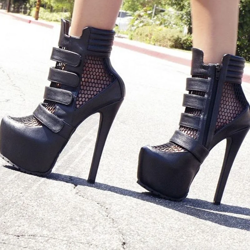 Platform Net Shinback Leather Ankle Boots Sexy Pointed Toe Thin Heel Hook New Arrival Autumm/Winter Modern Boots