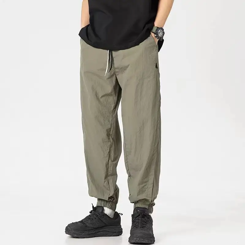 Spring Autumn Men's Clothing Solid Color Elastic High Waisted Pockets Drawstring Preppy Style Trousers Bloomers Cargo Pants