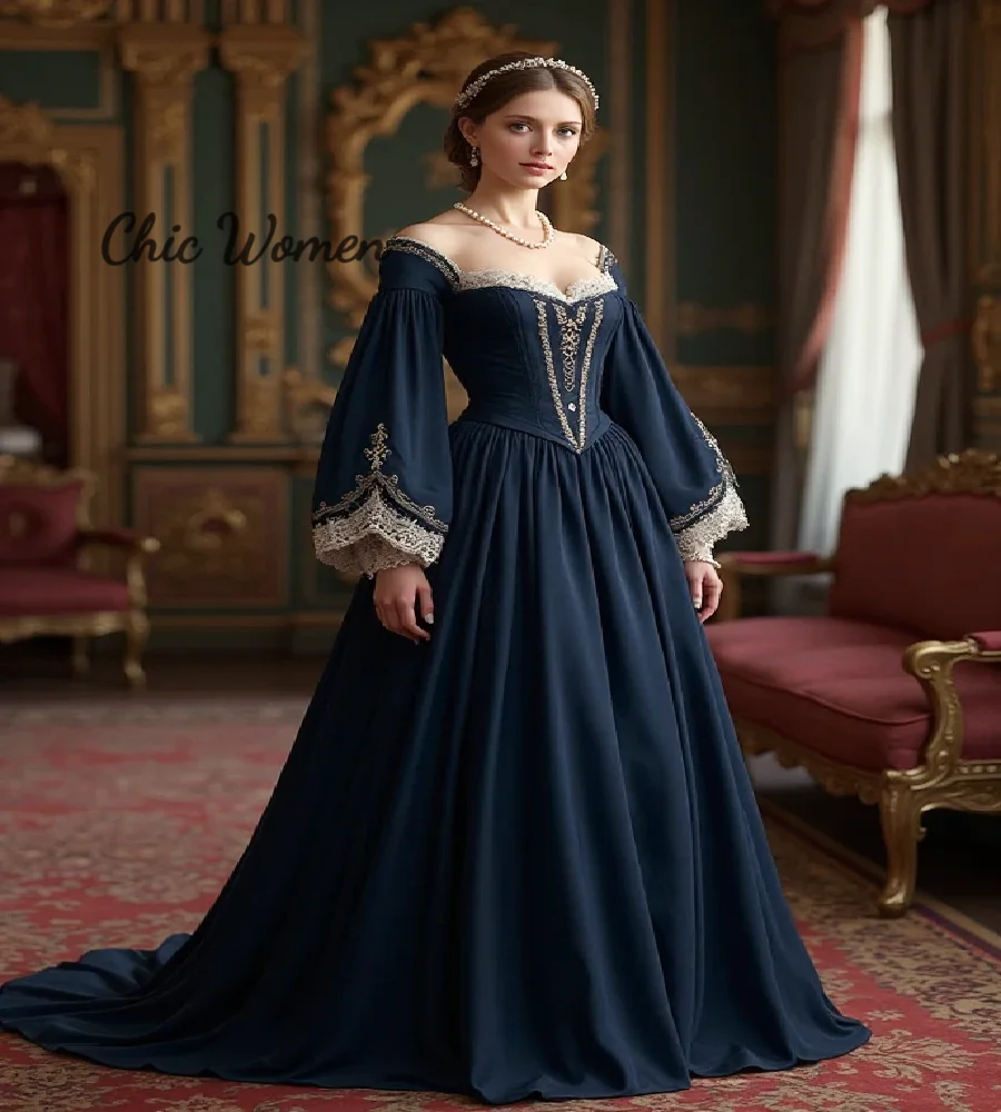 Vintage 1860s Navy Evening Dress With Lace Elegant Satin Civil War  Prom Dress Elegant A Line Formal Ceremony Party Customized