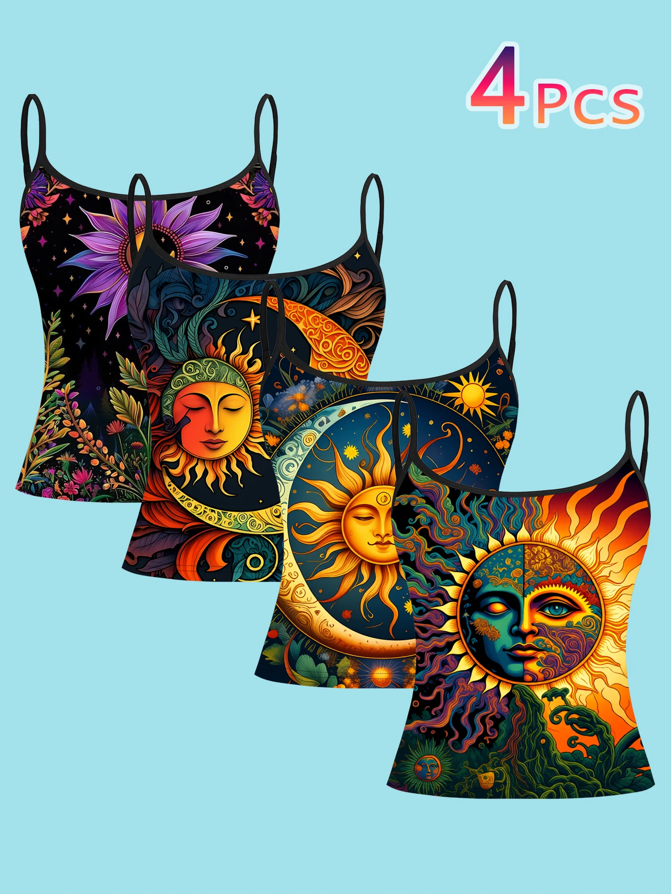4-Piece Set of Painted Sun Face Print Camisoles, Bohemian Star and Moon Floral Plant Spaghetti Strap Sleeveless Tops, Vintage Mysterious Celestial Art Slim Fit Inner and Outer Wear Vest Set