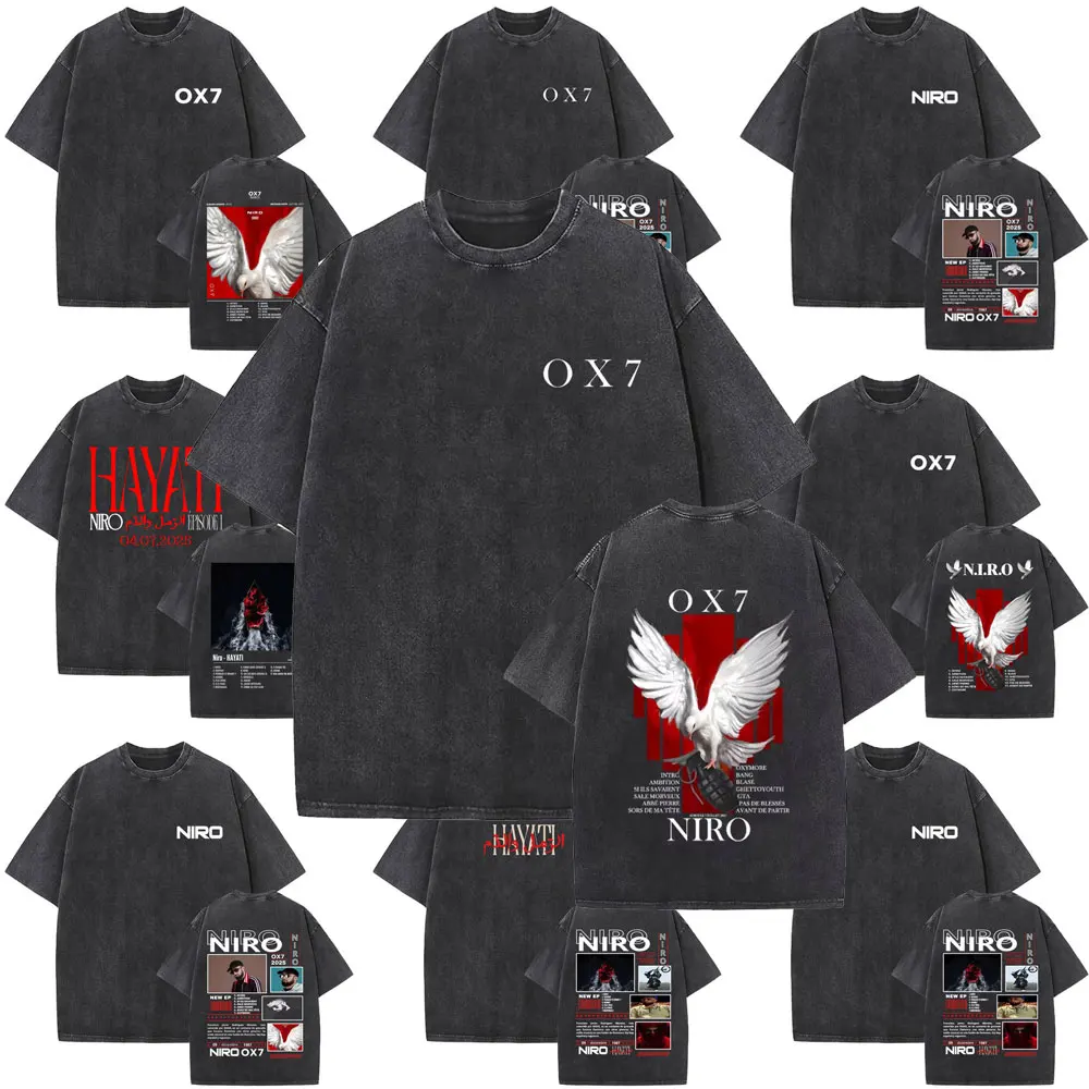 

Rapper Niro OX7 Album Graphic Washed Vintage T-shirt Men Women Hip Hop Fashion Pop Music T Shirts Male Casual Cotton Tshirt Tops