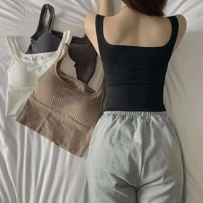 Crop Top Women Seamless Square Collar Wide Straps Tank Top Knitted Striped Camisole Solid Corset Top Female