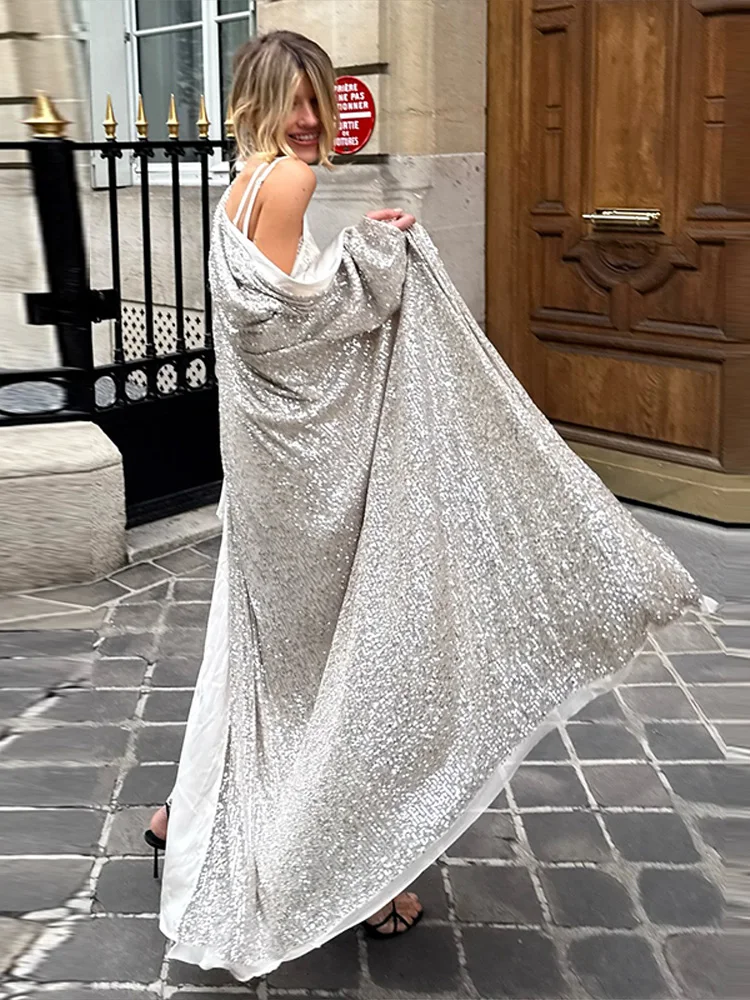 Chic Women's Silver Sequin Long Kimono Cardigan Long Sleeve Open Front Maxi Cover Up Lady Glitter Sparkly Party Night Club Robes