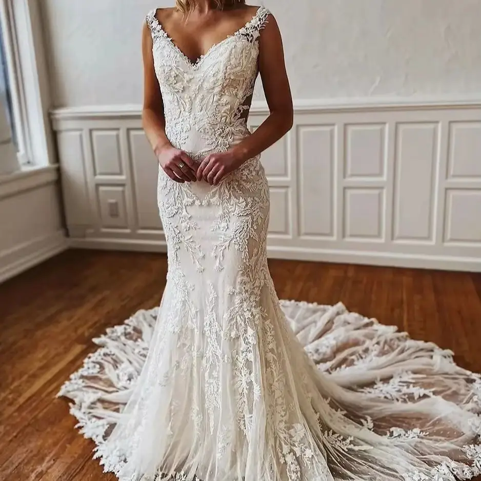 

Exquisite Wedding Dresses Sheath Mermaid Illusion Back Bridal Gowns Lace Appliques V-Neck Sleeveless Robe Vestidos De Novia 2024